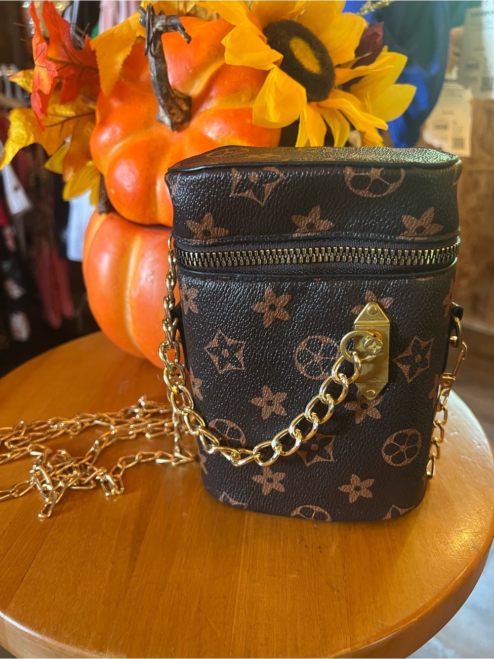 Brown Mini Crossbody Bag with Gold Chain Strap